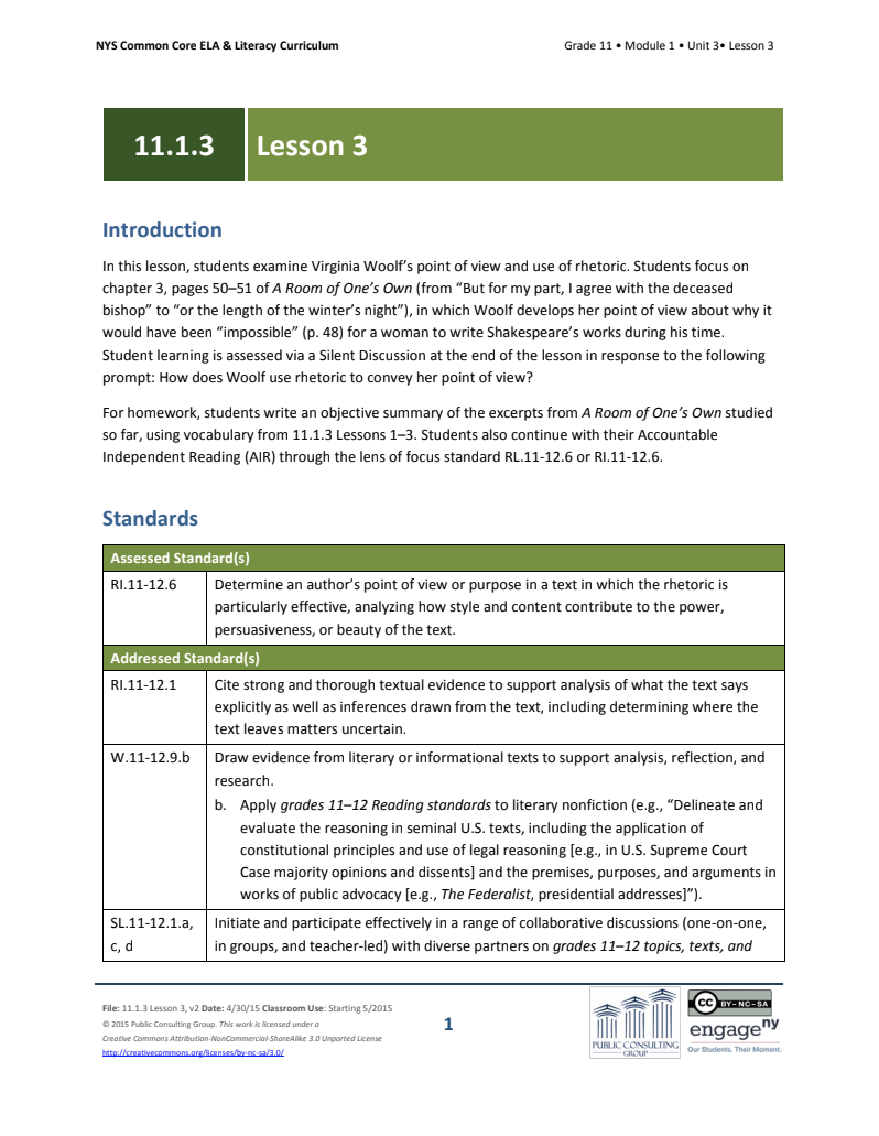 Grade 11 ELA Module 1: Unit 3, Lesson 3 Lesson Plan