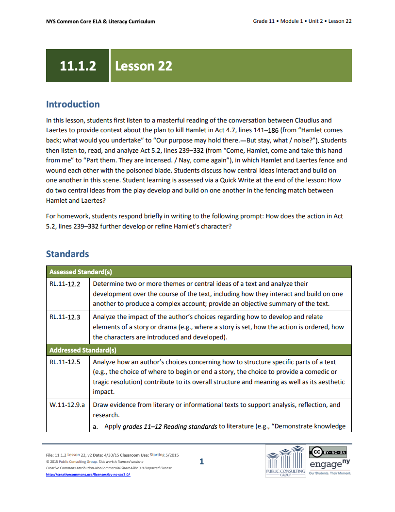 Grade 11 ELA Module 1: Unit 2, Lesson 22 Lesson Plan