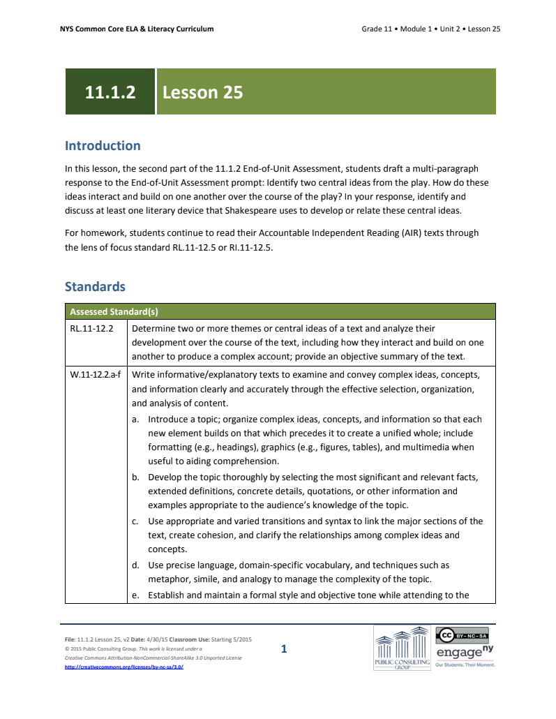 Grade 11 ELA Module 1: Unit 2, Lesson 25 Lesson Plan