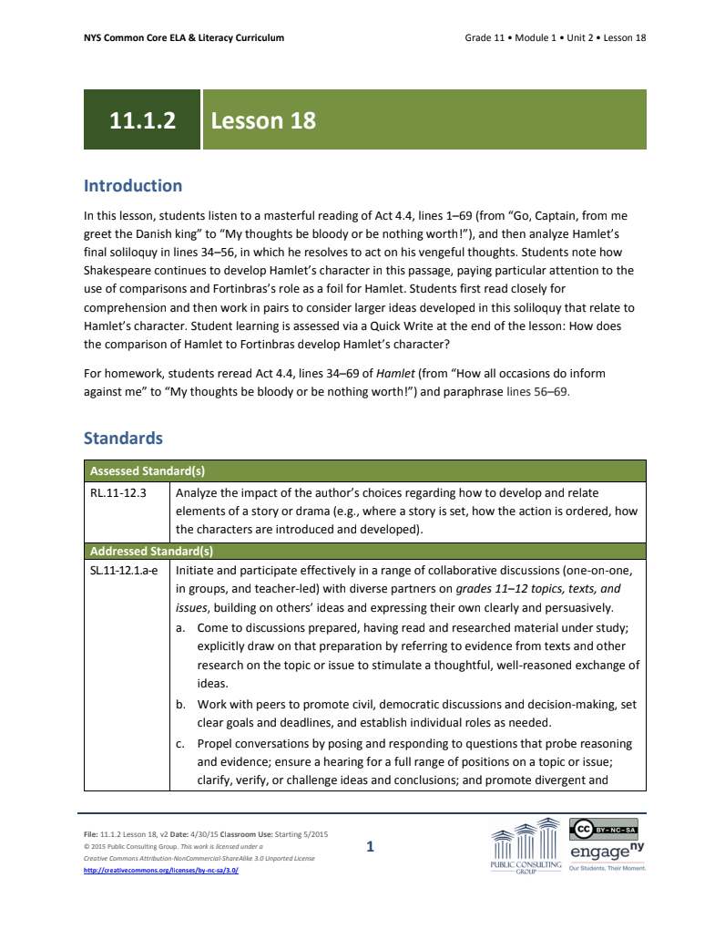 Grade 11 ELA Module 1: Unit 2, Lesson 18 Lesson Plan