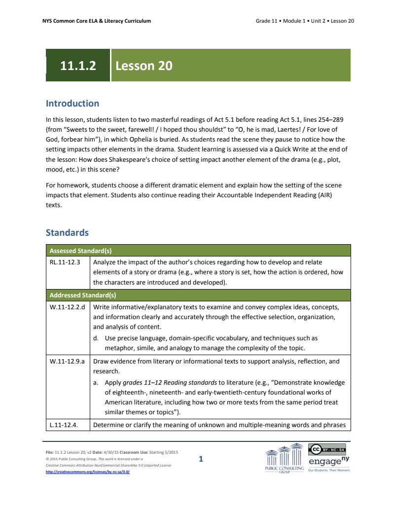 Grade 11 ELA Module 1: Unit 2, Lesson 20 Lesson Plan