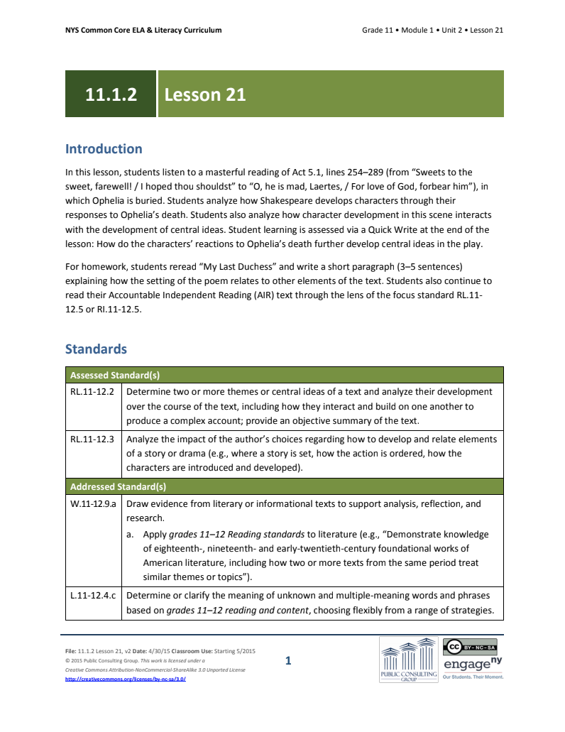 Grade 11 ELA Module 1: Unit 2, Lesson 21 Lesson Plan