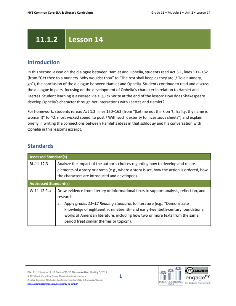 Grade 11 ELA Module 1: Unit 2, Lesson 14 Lesson Plan