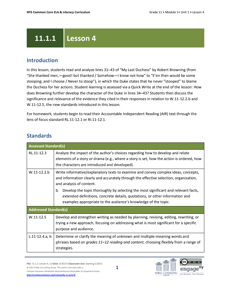 Grade 11 ELA Module 1: Unit 1, Lesson 4 Lesson Plan