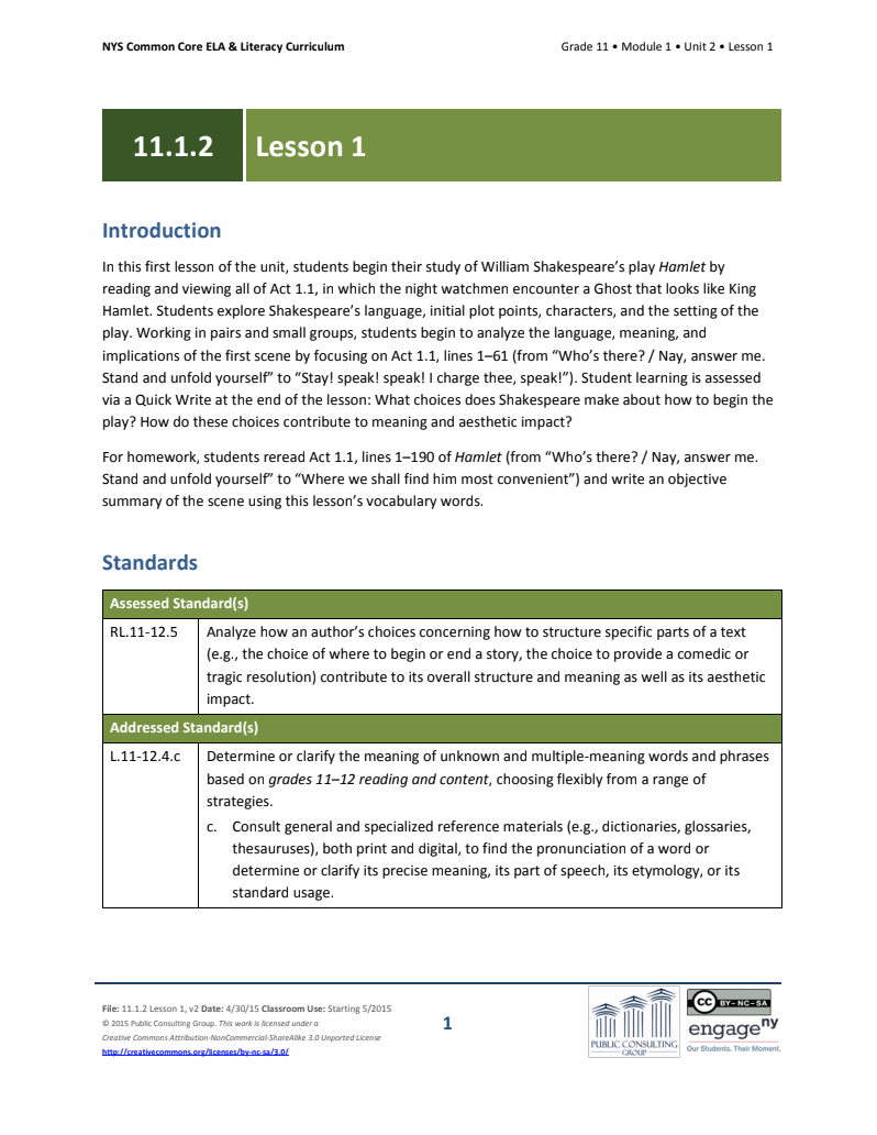 Grade 11 ELA Module 1: Unit 2, Lesson 1 Lesson Plan
