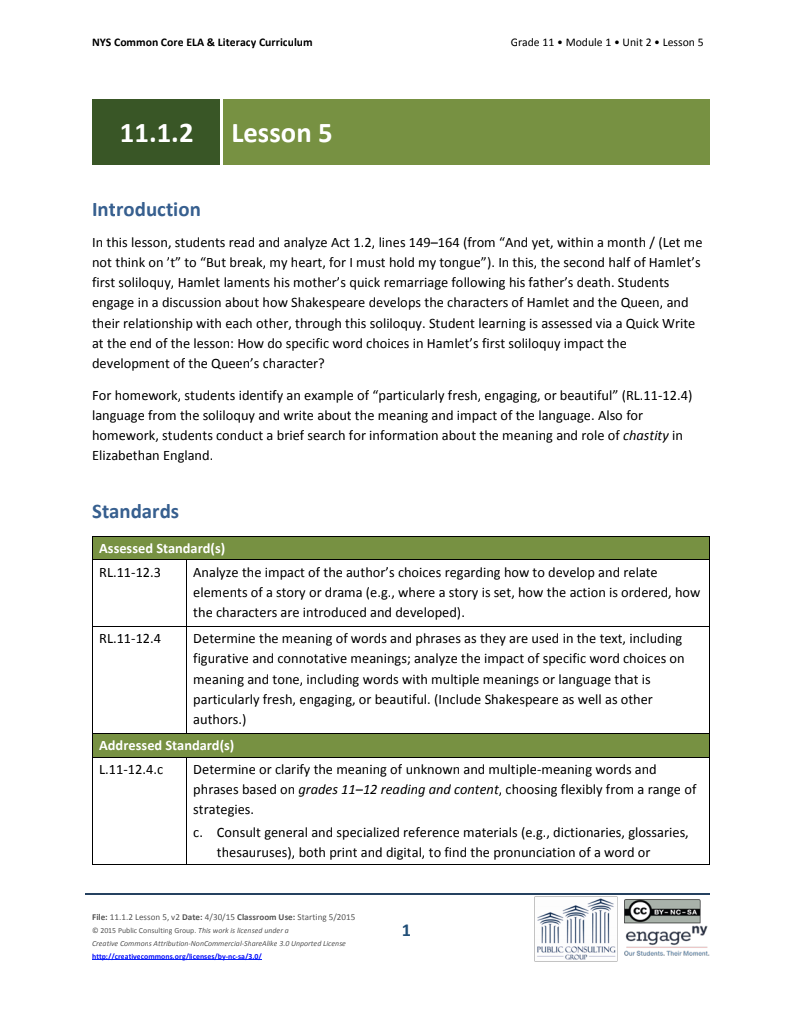 Grade 11 ELA Module 1: Unit 2, Lesson 5 Lesson Plan