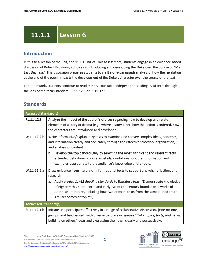 Grade 11 ELA Module 1: Unit 1, Lesson 6 Lesson Plan