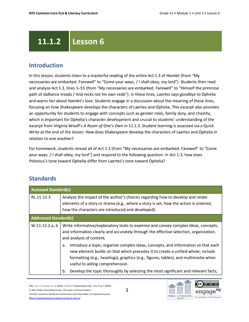 Grade 11 ELA Module 1: Unit 2, Lesson 6 Lesson Plan