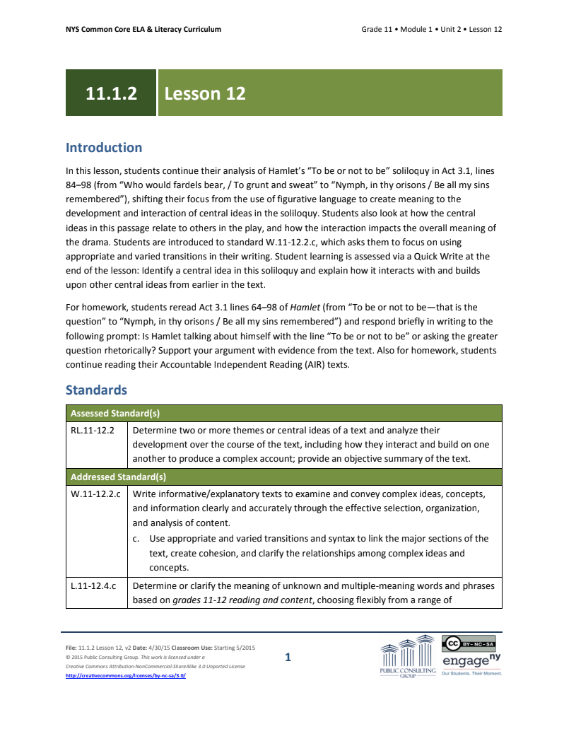 Grade 11 ELA Module 1: Unit 2, Lesson 12 Lesson Plan