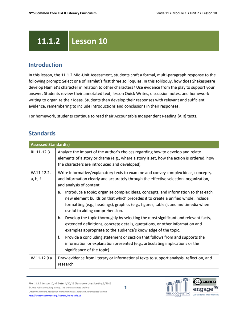 Grade 11 ELA Module 1: Unit 2, Lesson 10 Lesson Plan