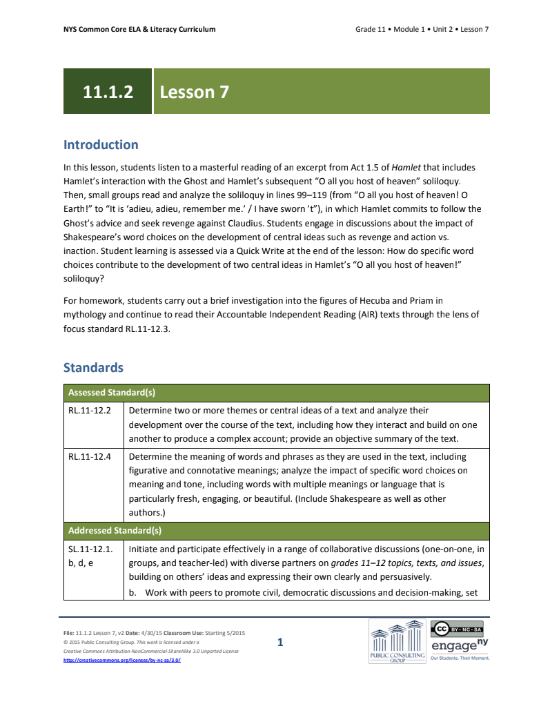 Grade 11 ELA Module 1: Unit 2, Lesson 7 Lesson Plan