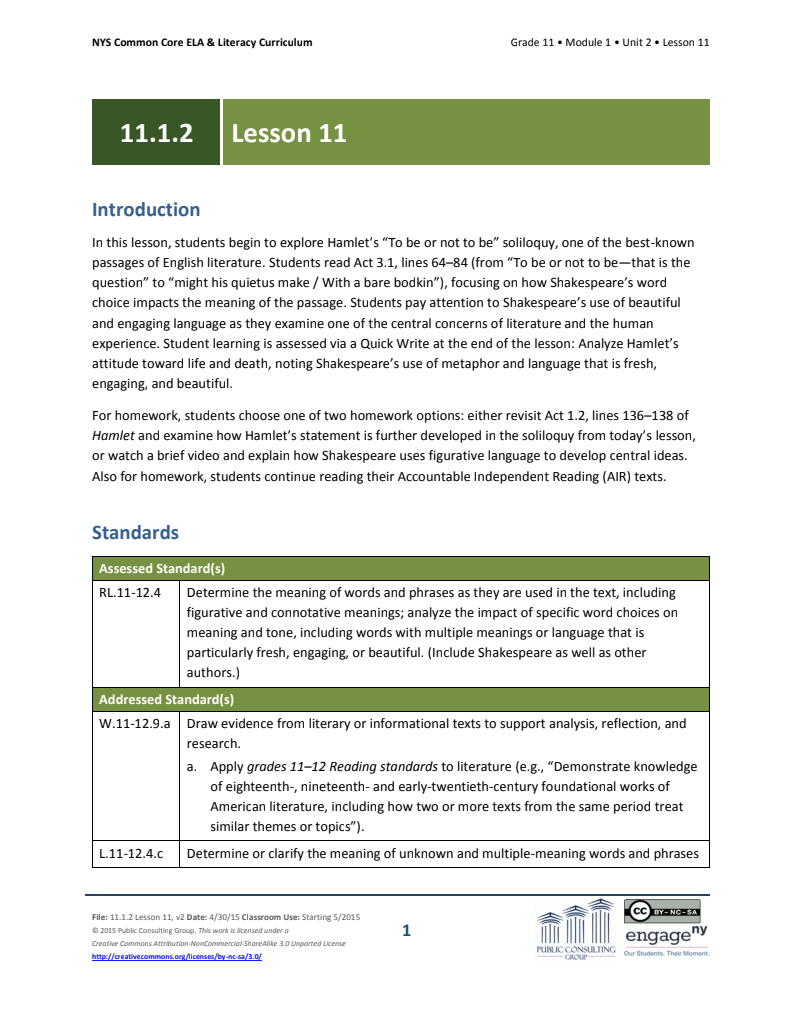 Grade 11 ELA Module 1: Unit 2, Lesson 11 Lesson Plan