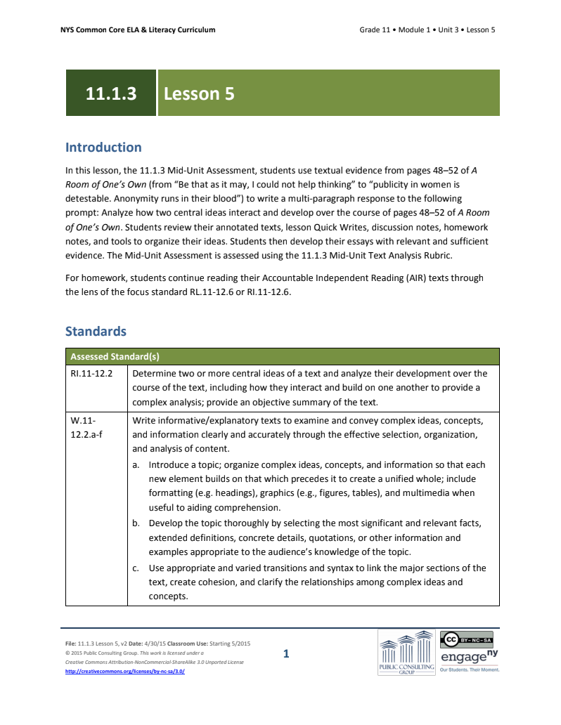 Grade 11 ELA Module 1: Unit 3, Lesson 5 Lesson Plan