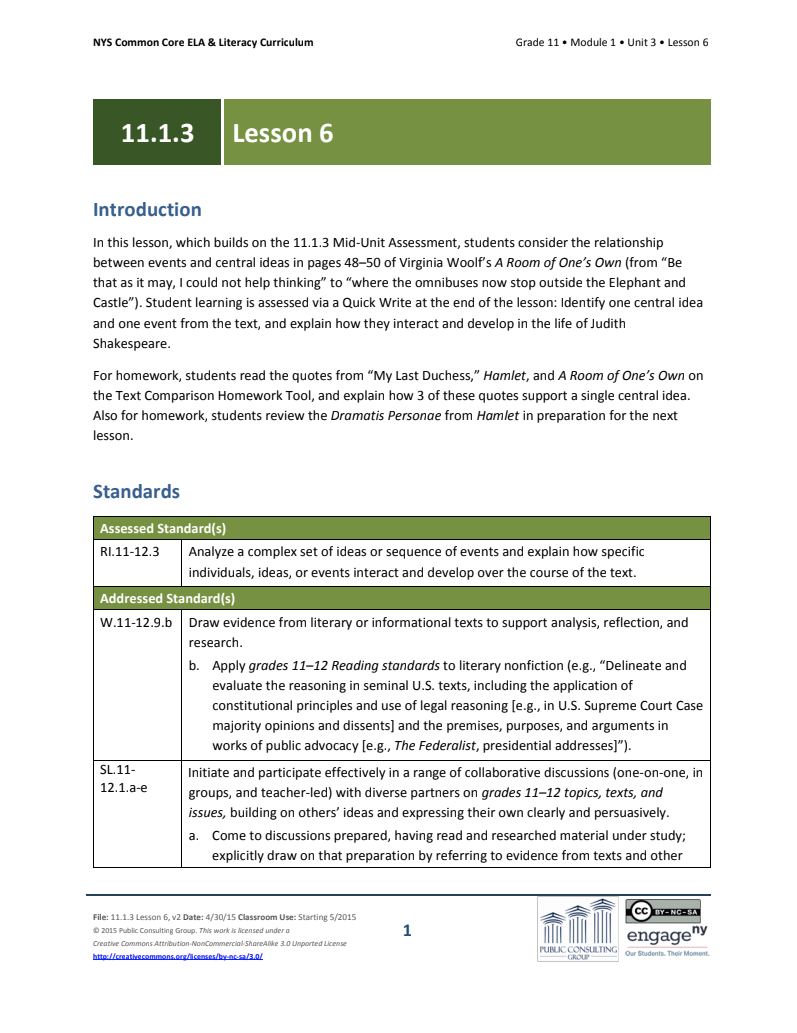 Grade 11 ELA Module 1: Unit 3, Lesson 6 Lesson Plan
