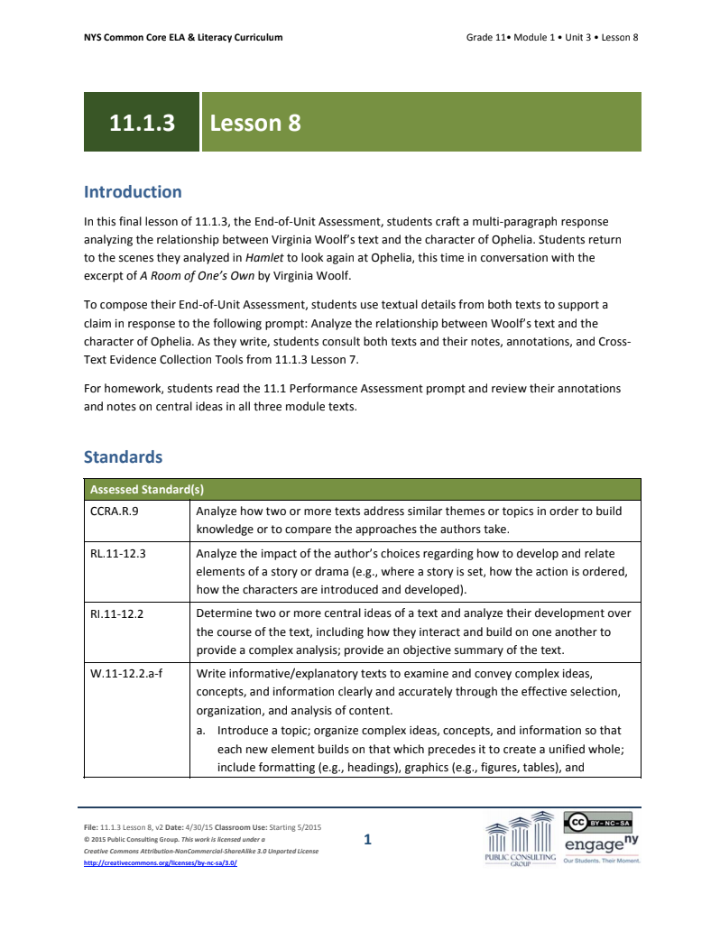 Grade 11 ELA Module 1: Unit 3, Lesson 8 Lesson Plan