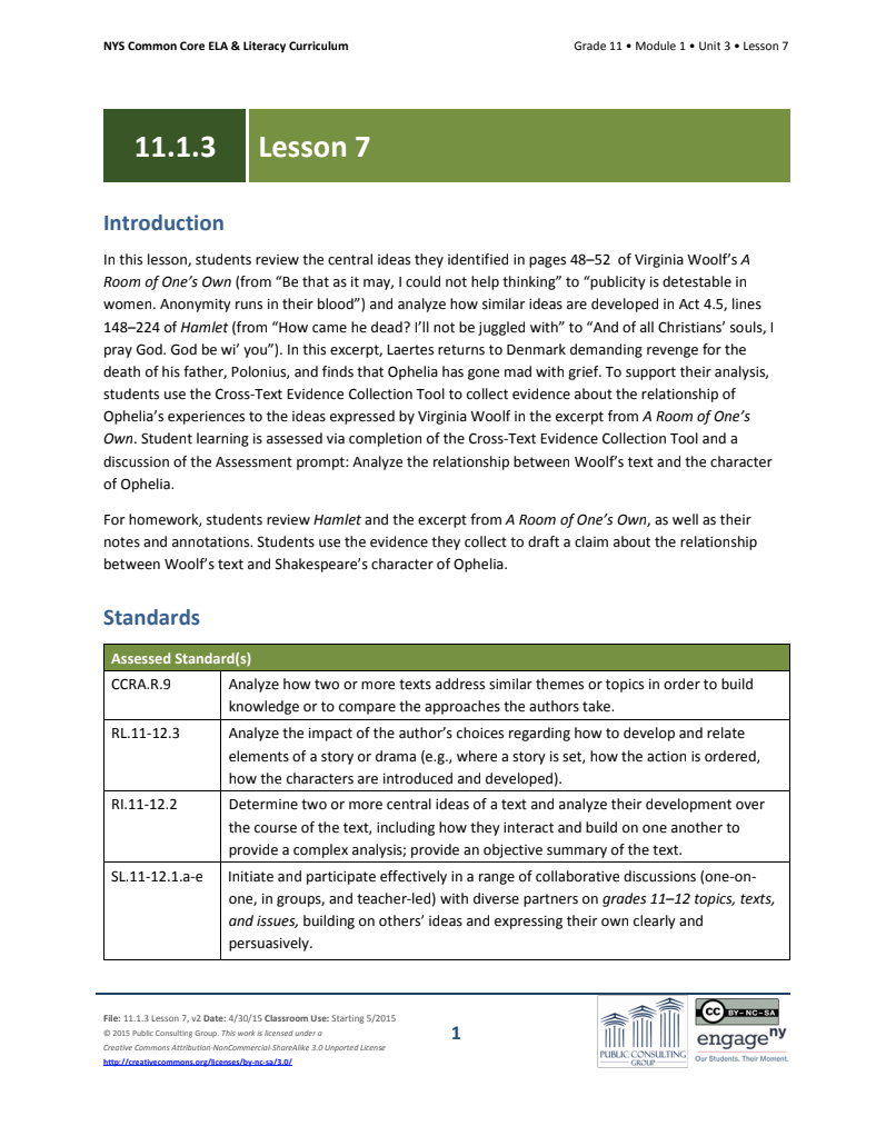 Grade 11 ELA Module 1: Unit 3, Lesson 7 Lesson Plan