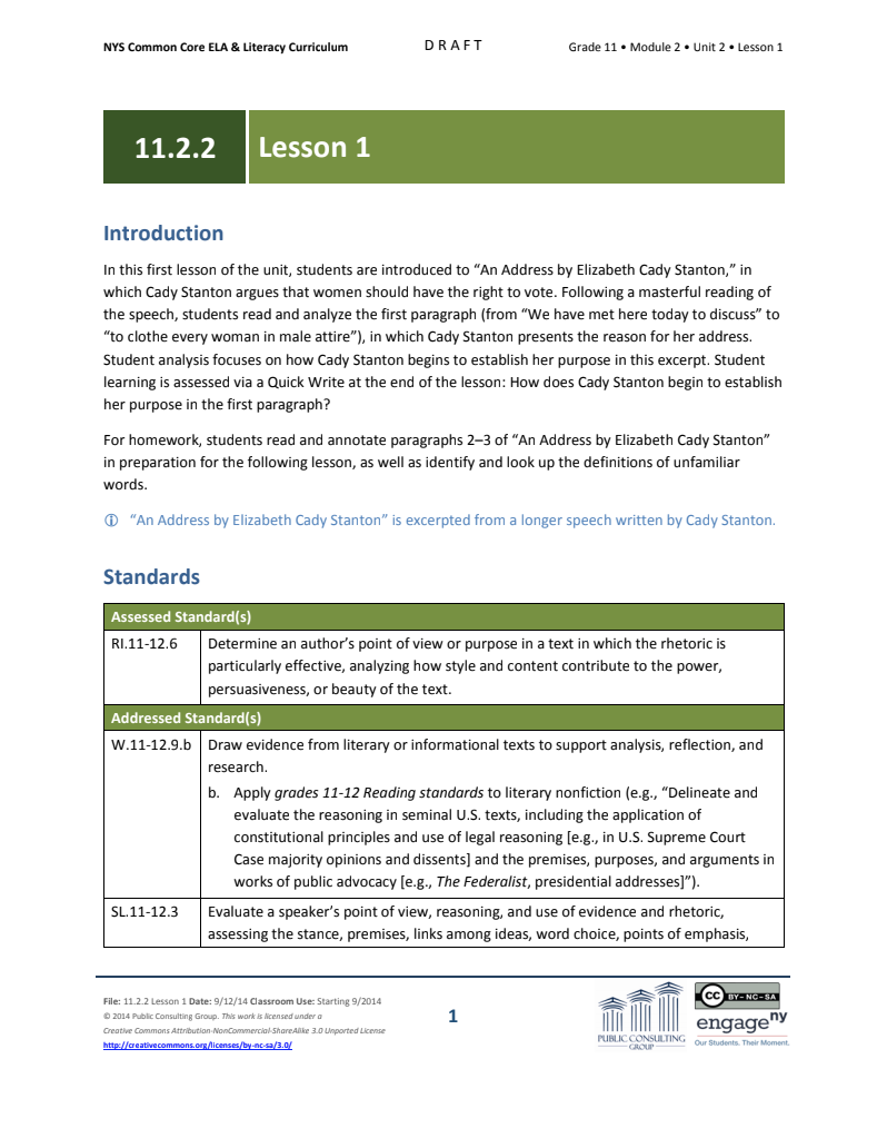 Grade 11 ELA Module 2: Unit 2, Lesson 1 Lesson Plan