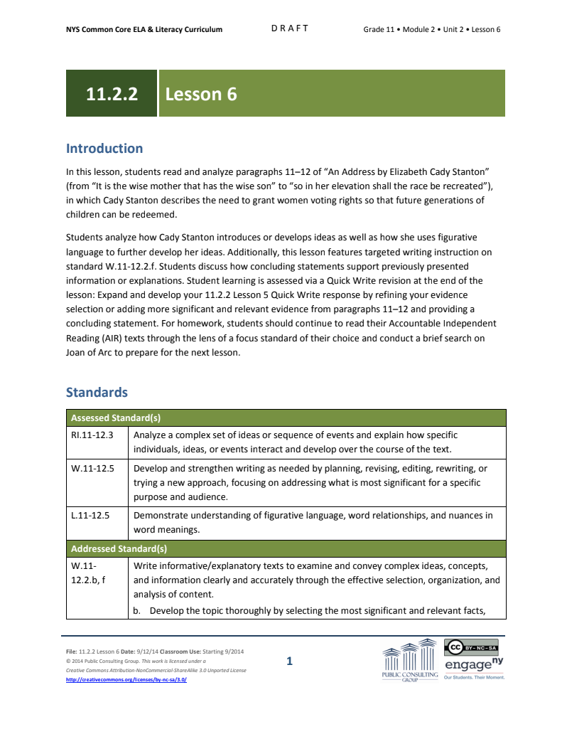 Grade 11 ELA Module 2: Unit 2, Lesson 6 Lesson Plan