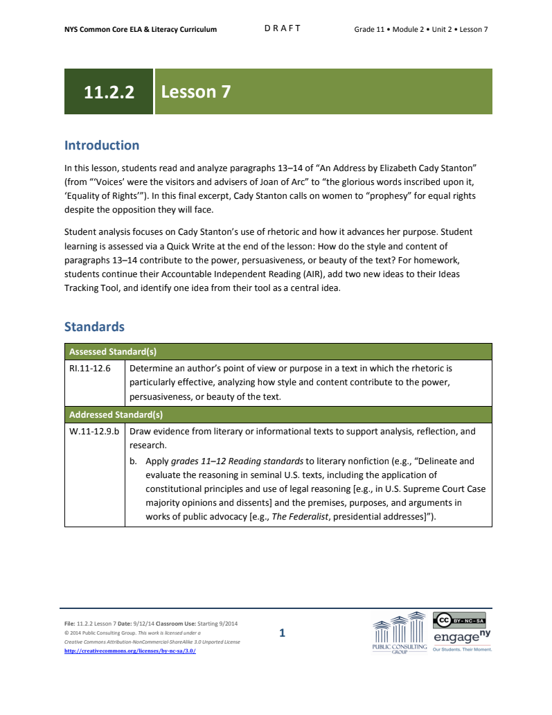 Grade 11 ELA Module 2: Unit 2, Lesson 7 Lesson Plan