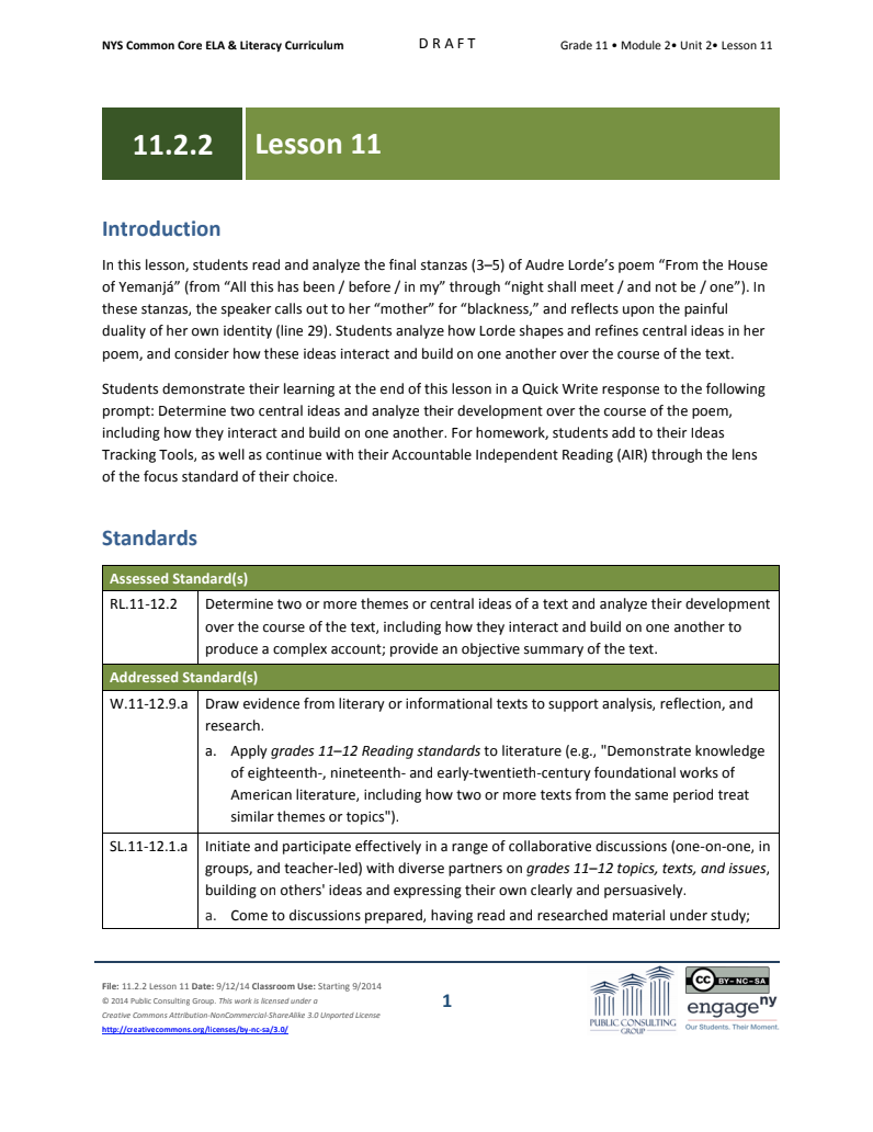 Grade 11 ELA Module 2: Unit 2, Lesson 11 Lesson Plan