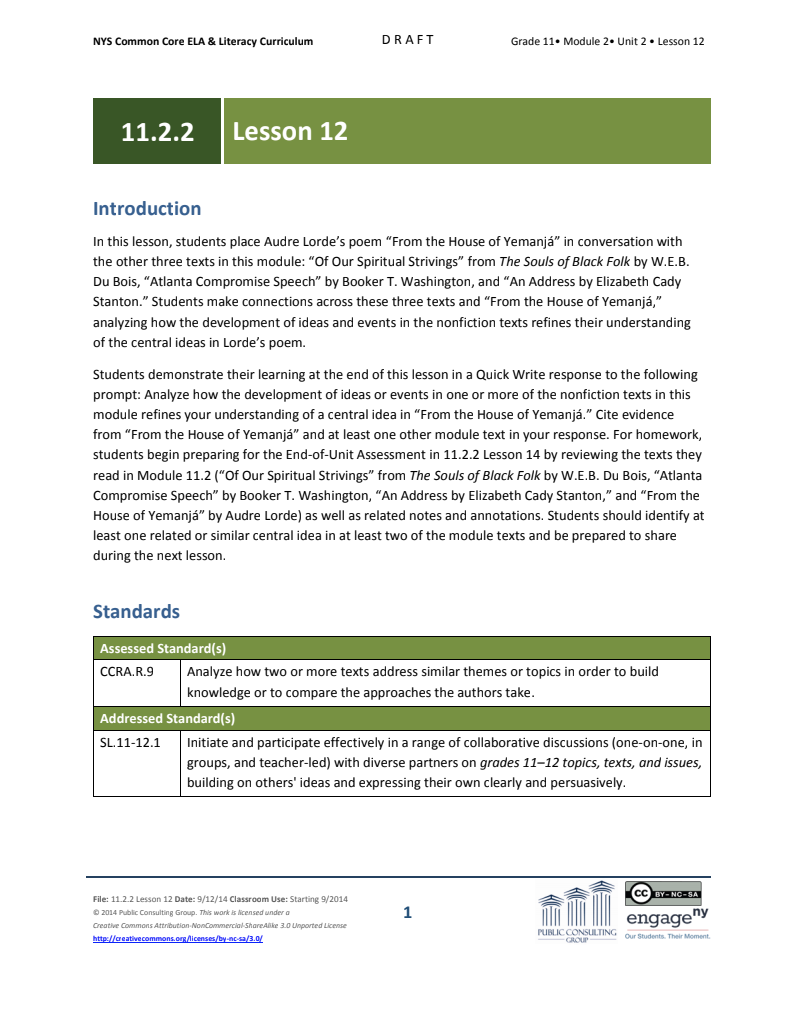 Grade 11 ELA Module 2: Unit 2, Lesson 12 Lesson Plan