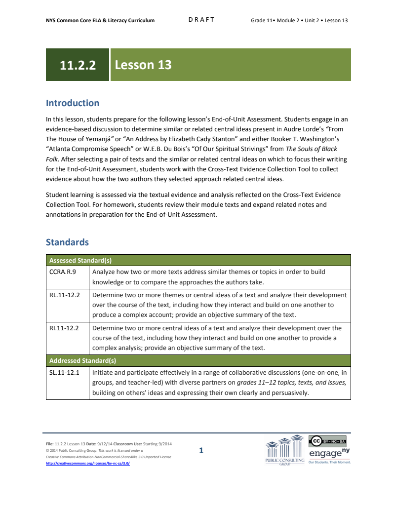 Grade 11 ELA Module 2: Unit 2, Lesson 13 Lesson Plan