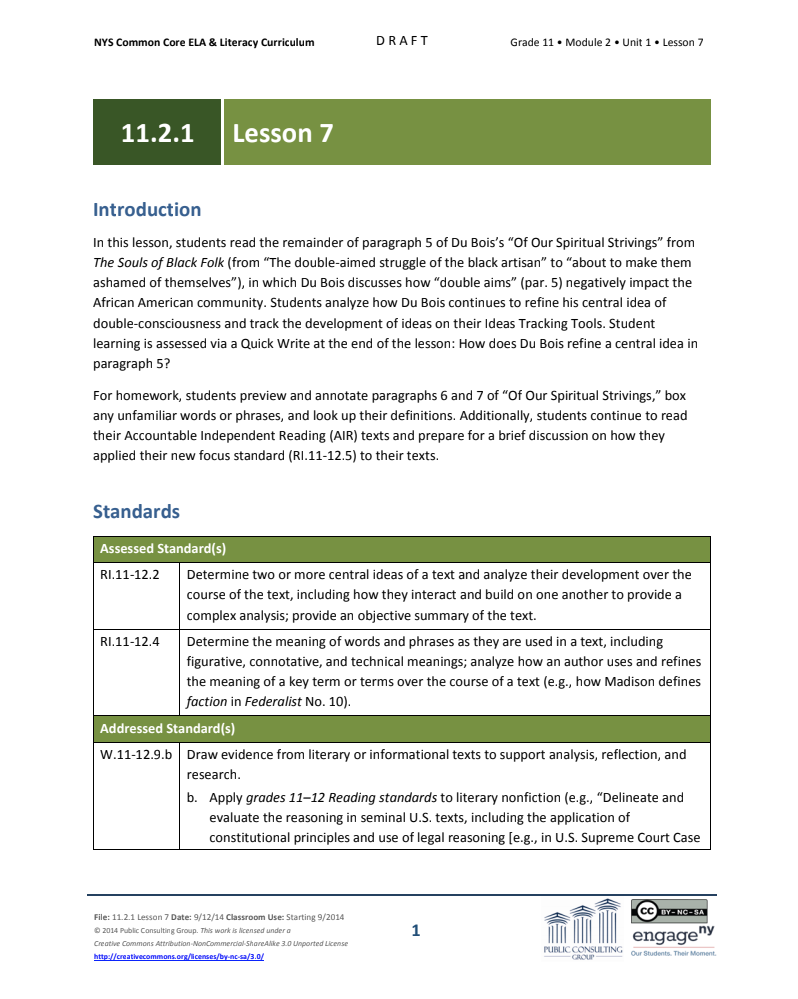 Grade 11 ELA Module 2: Unit 1, Lesson 7 Lesson Plan