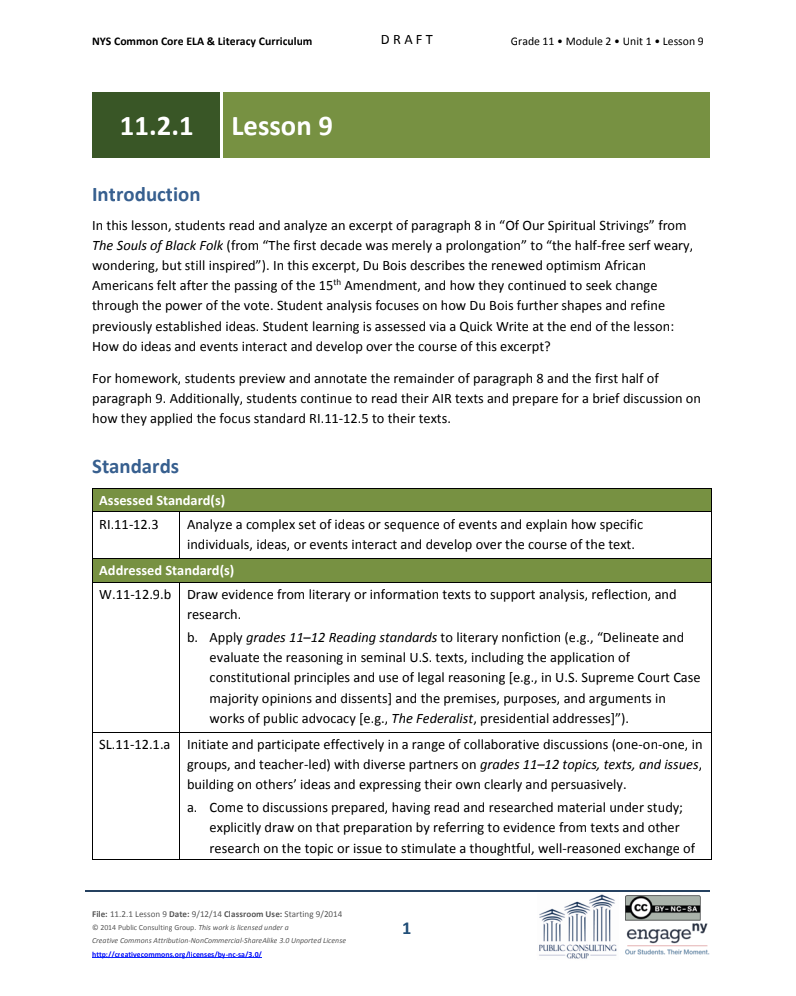 Grade 11 ELA Module 2: Unit 1, Lesson 9 Lesson Plan