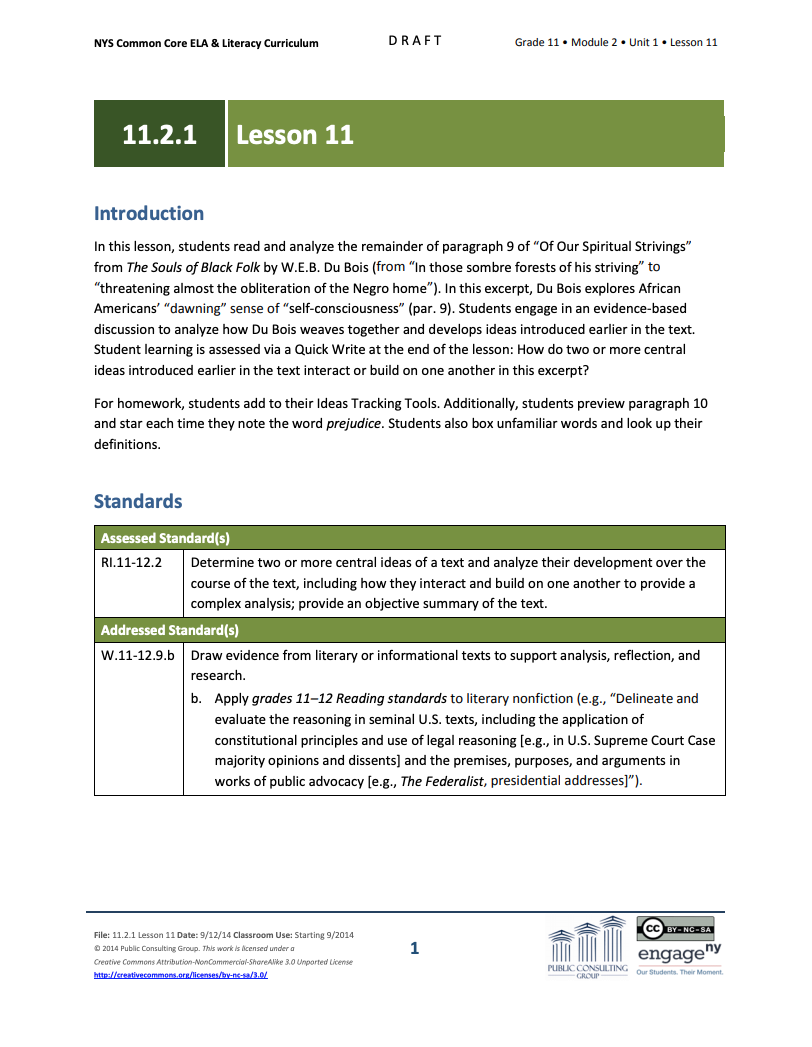 Grade 11 ELA Module 2: Unit 1, Lesson 11 Lesson Plan