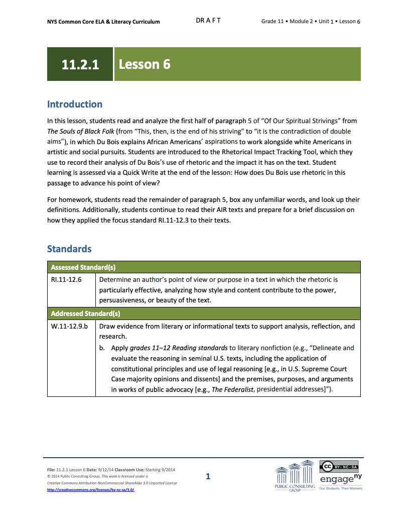 Grade 11 ELA Module 2: Unit 1, Lesson 6 Lesson Plan