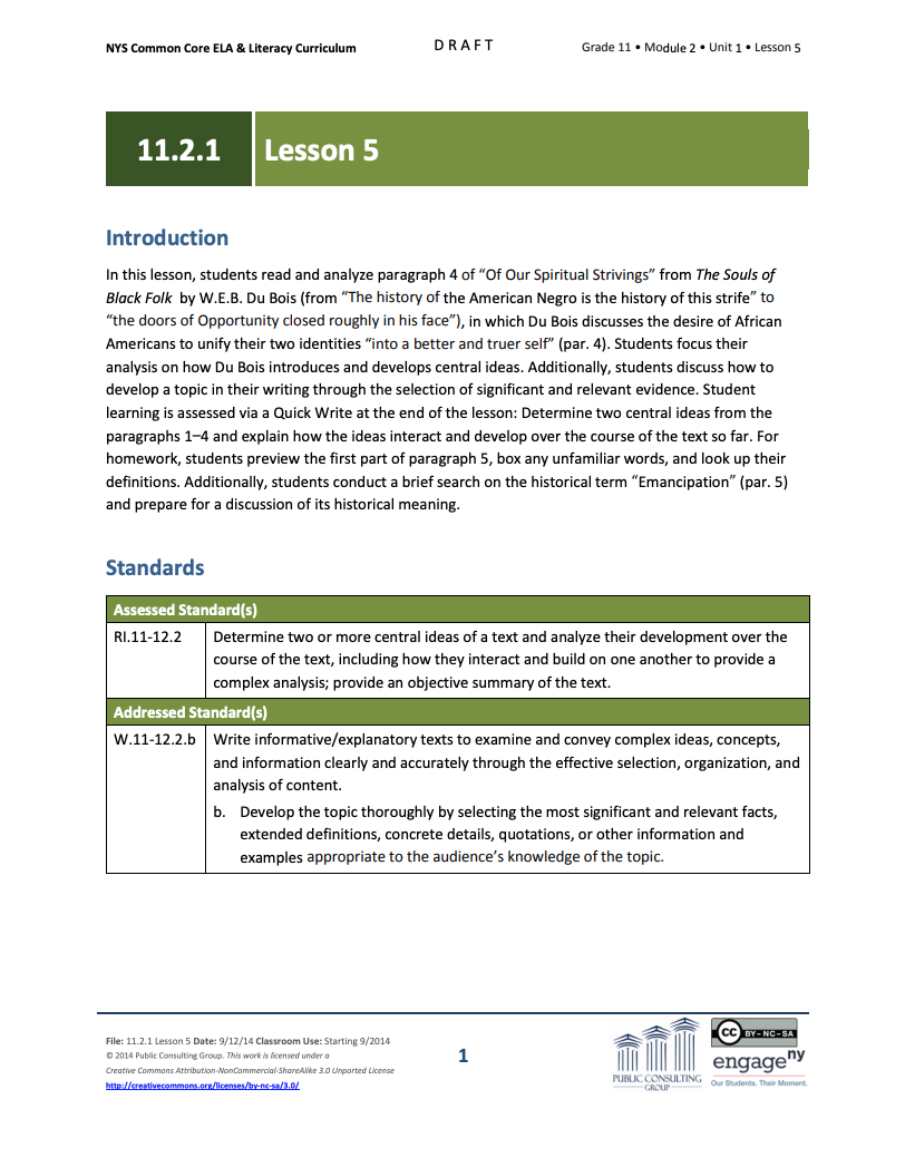 Grade 11 ELA Module 2: Unit 1, Lesson 5 Lesson Plan
