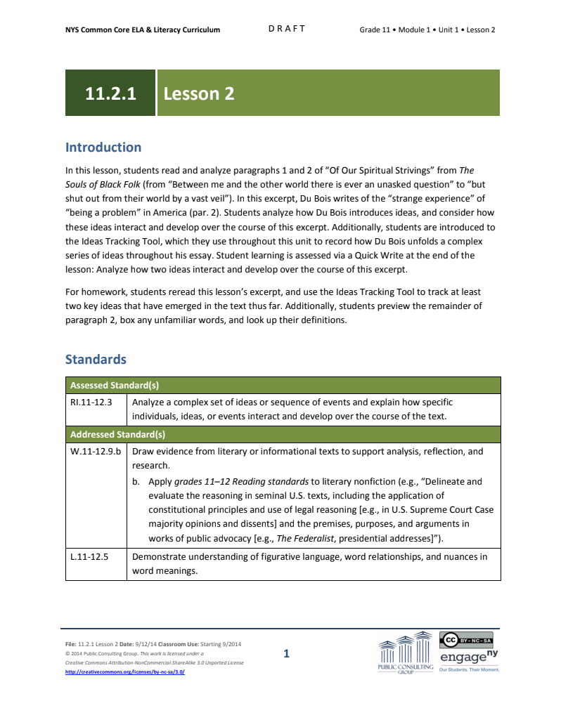 Grade 11 ELA Module 2: Unit 1, Lesson 2 Lesson Plan