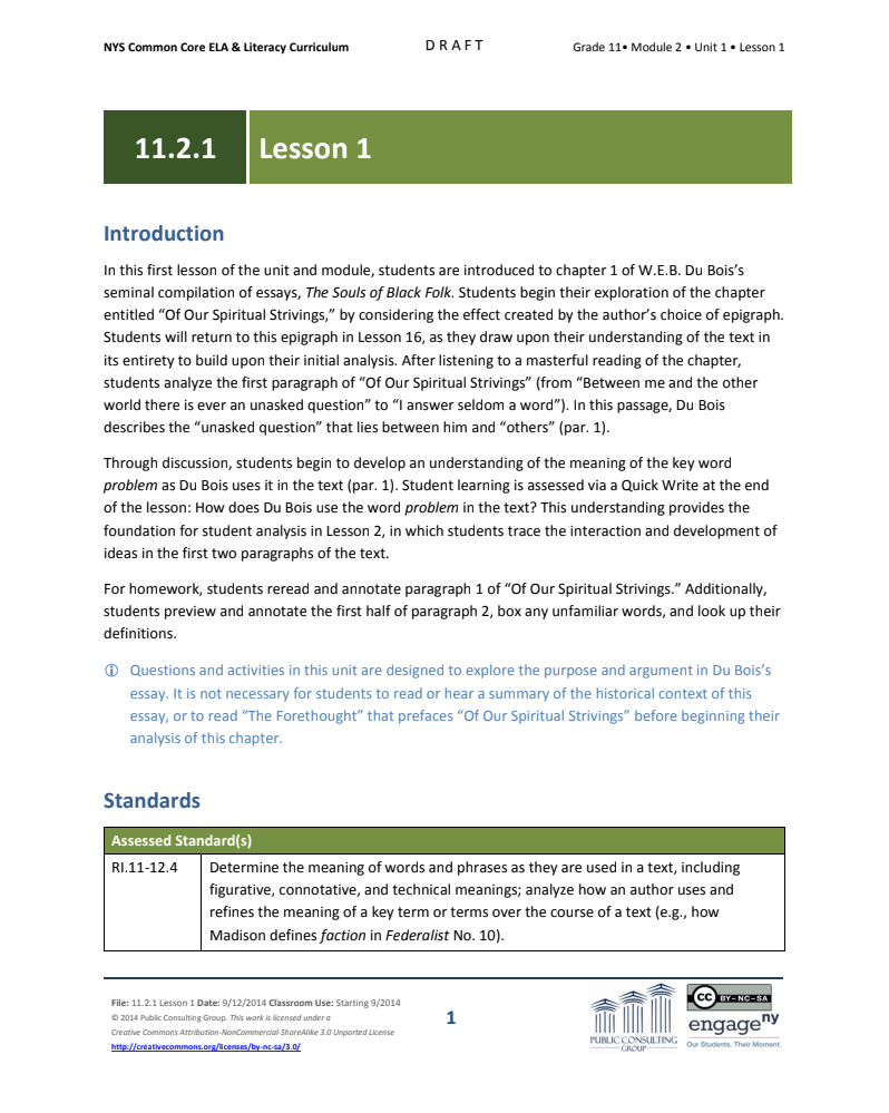 Grade 11 ELA Module 2: Unit 1, Lesson 1 Lesson Plan
