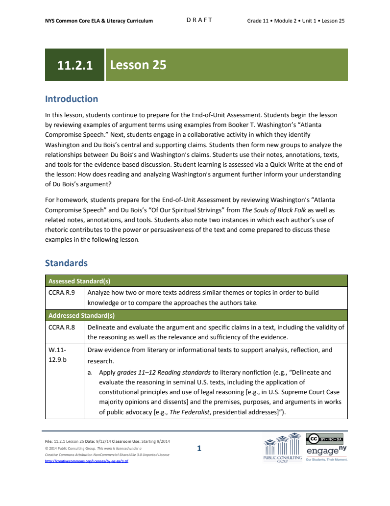 Grade 11 ELA Module 2: Unit 1, Lesson 25 Lesson Plan