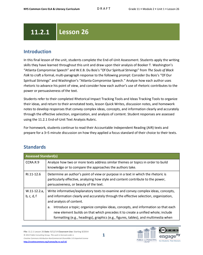Grade 11 ELA Module 2: Unit 1, Lesson 26 Lesson Plan