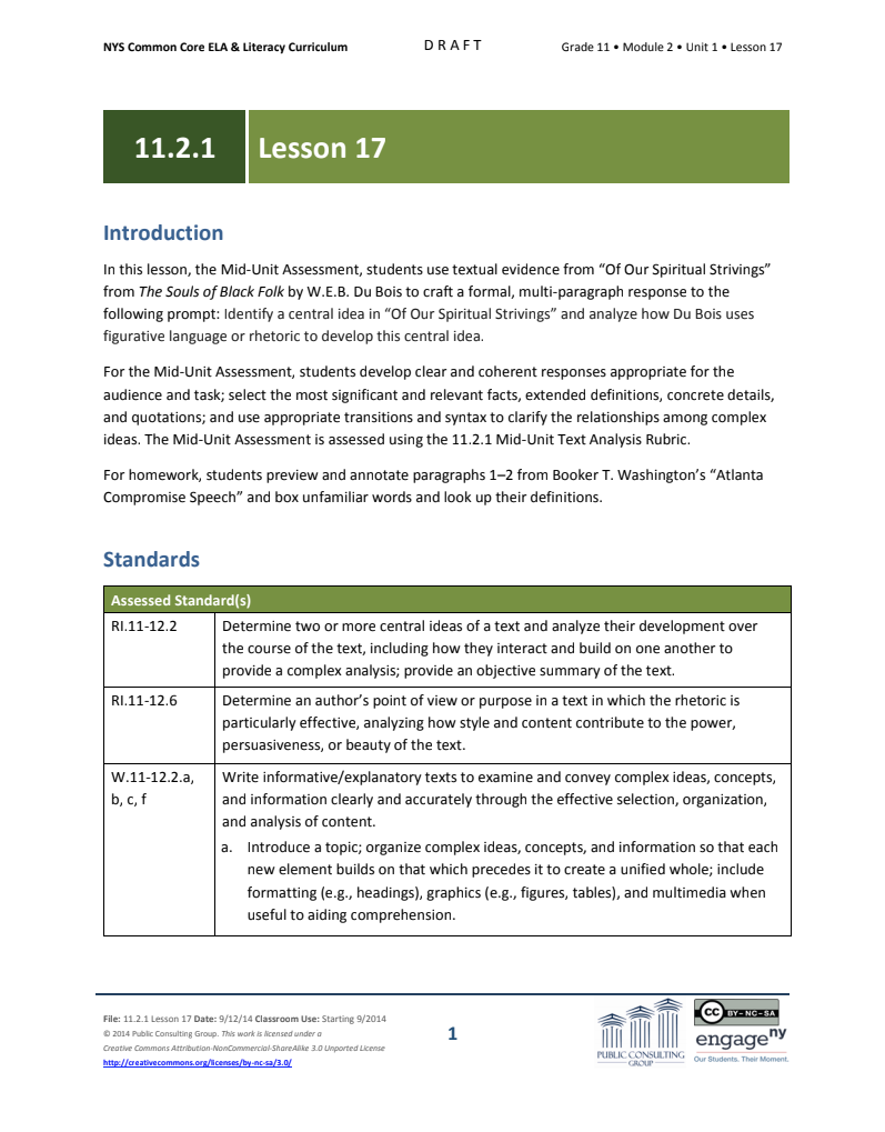 Grade 11 ELA Module 2: Unit 1, Lesson 17 Lesson Plan
