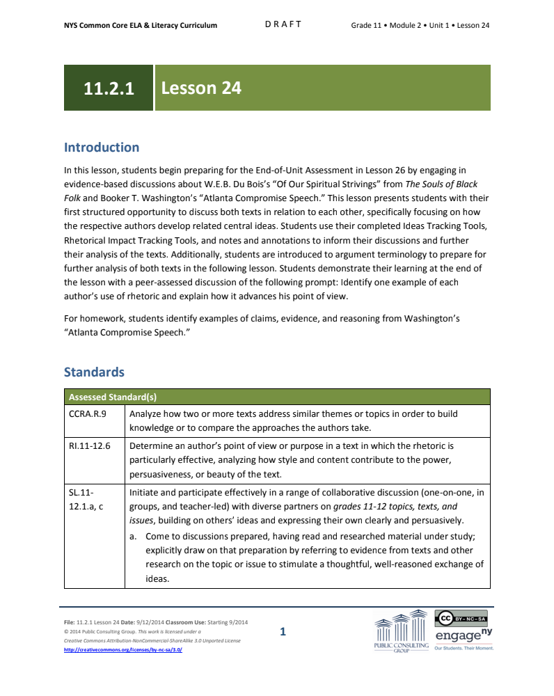 Grade 11 ELA Module 2: Unit 1, Lesson 24 Lesson Plan
