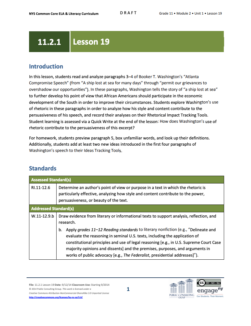 Grade 11 ELA Module 2: Unit 1, Lesson 19 Lesson Plan