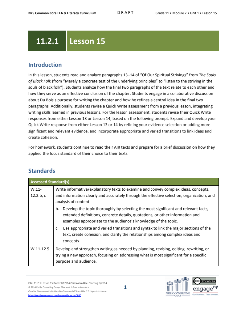 Grade 11 ELA Module 2: Unit 1, Lesson 15 Lesson Plan