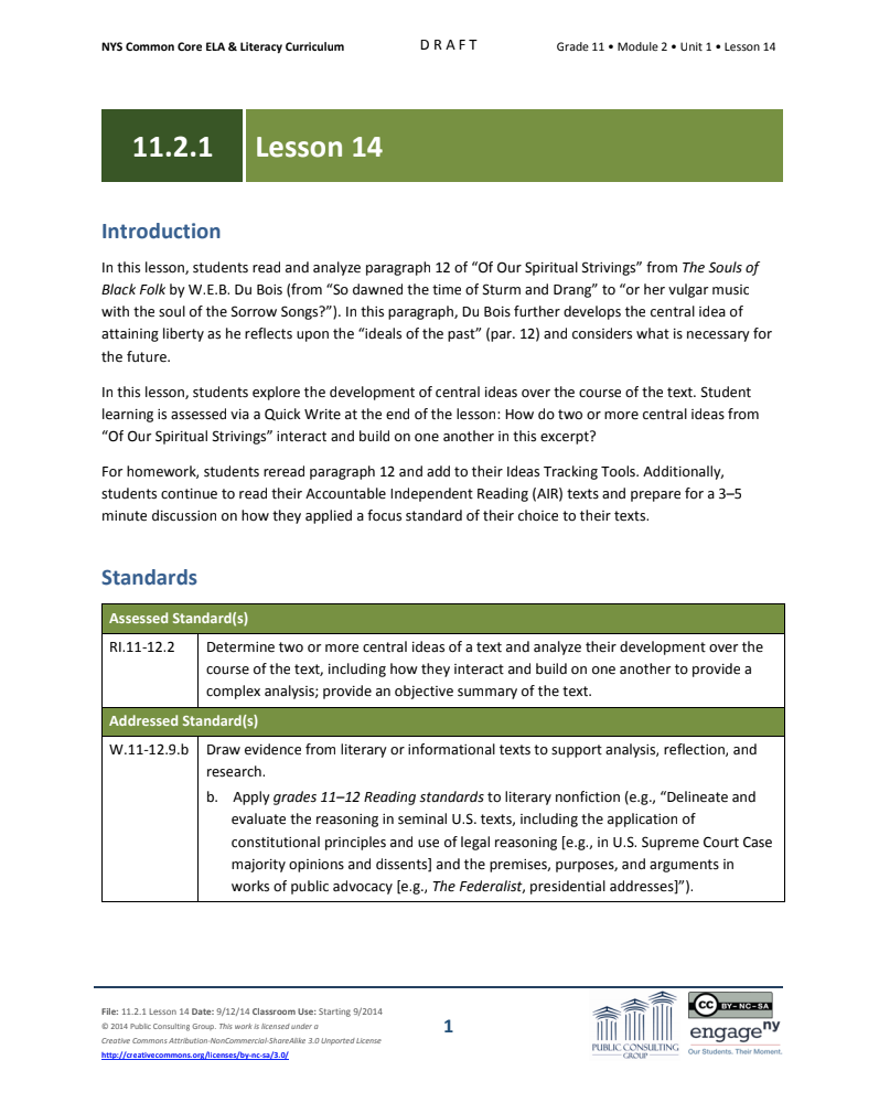 Grade 11 ELA Module 2: Unit 1, Lesson 14 Lesson Plan