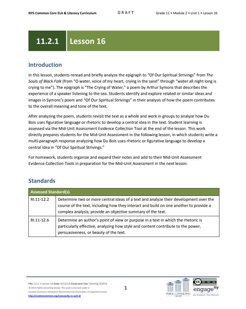 Grade 11 ELA Module 2: Unit 1, Lesson 16 Lesson Plan