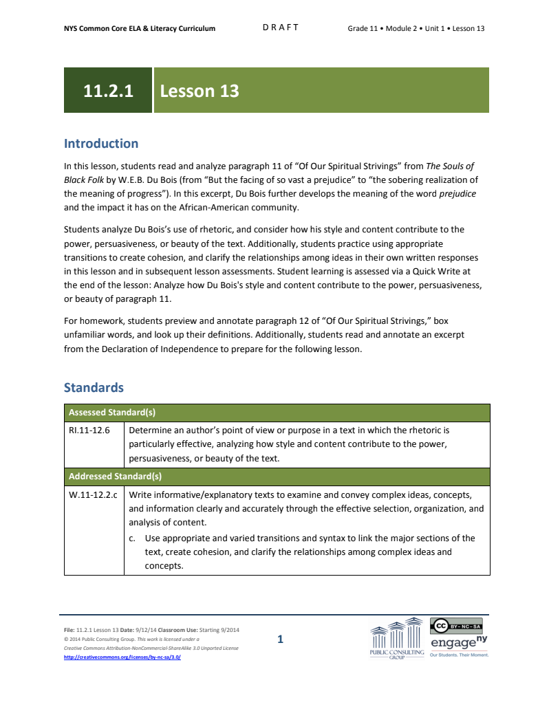 Grade 11 ELA Module 2: Unit 1, Lesson 13 Lesson Plan
