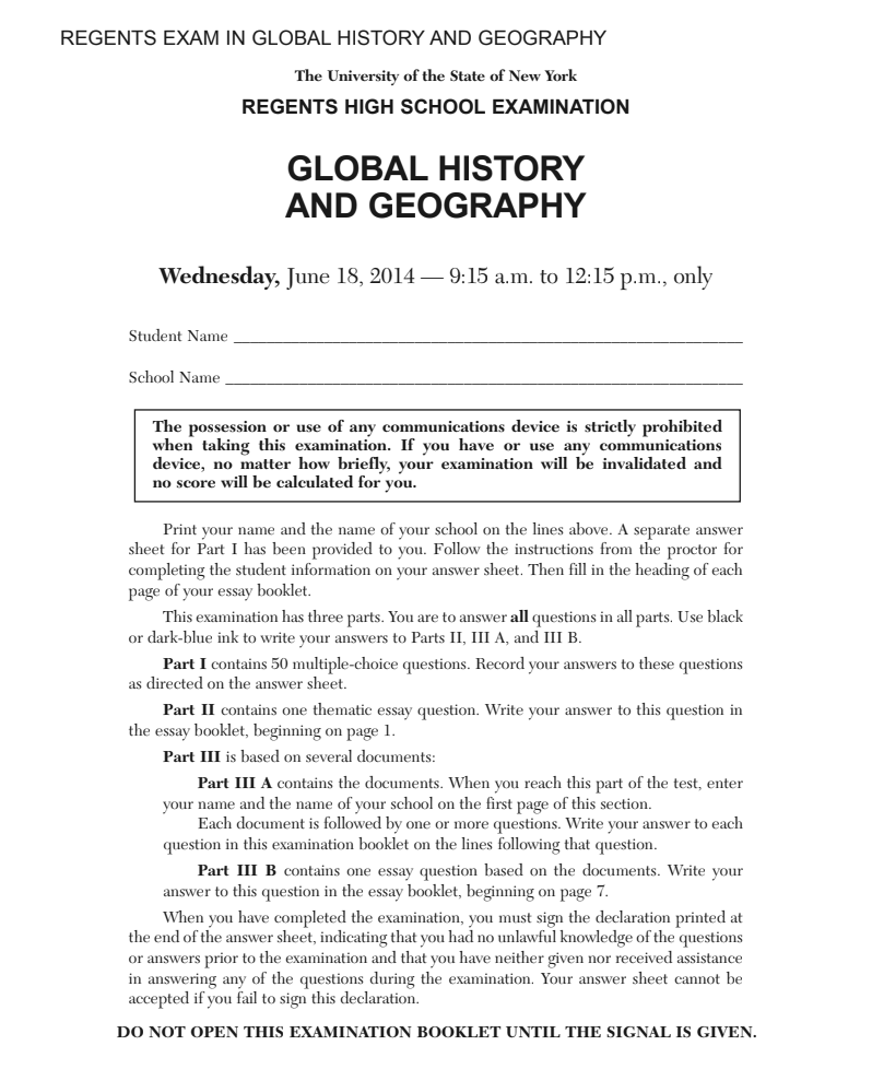 Global History and Geography Examination: June 2014 Assessment