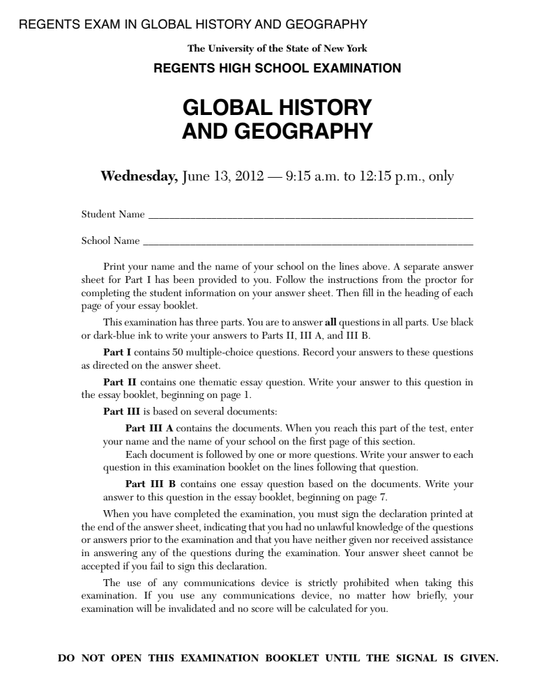 Global History and Geography Examination: June 2013 Assessment