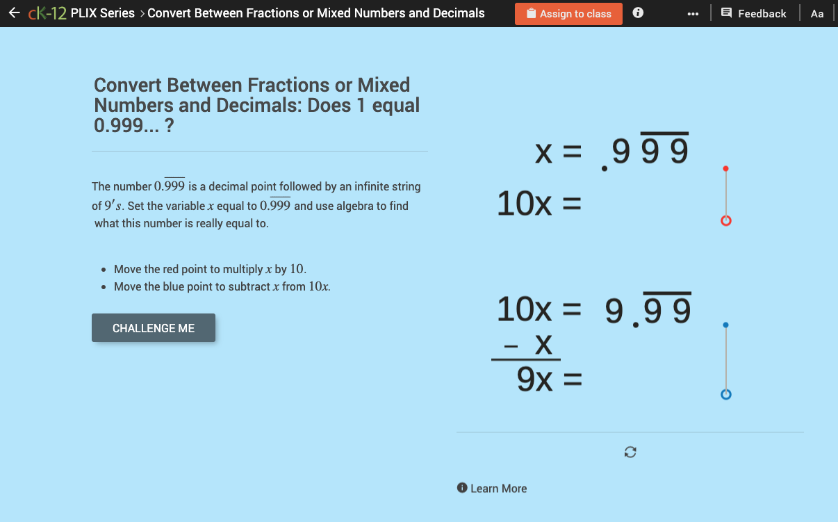 Repeating Decimals: Does 1 equal 0.999... ? Interactive