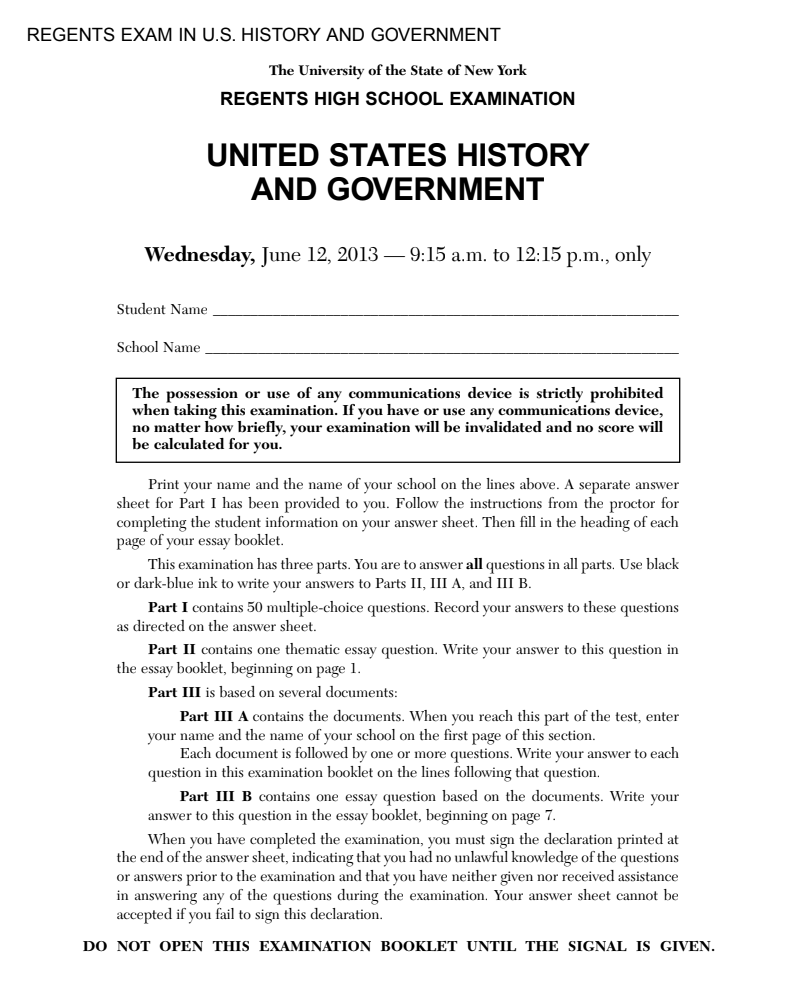 US History and Government Examination: June 2013 Assessment