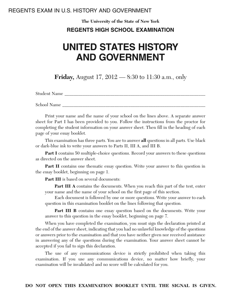 US History and Government Examination: August 2012 Assessment