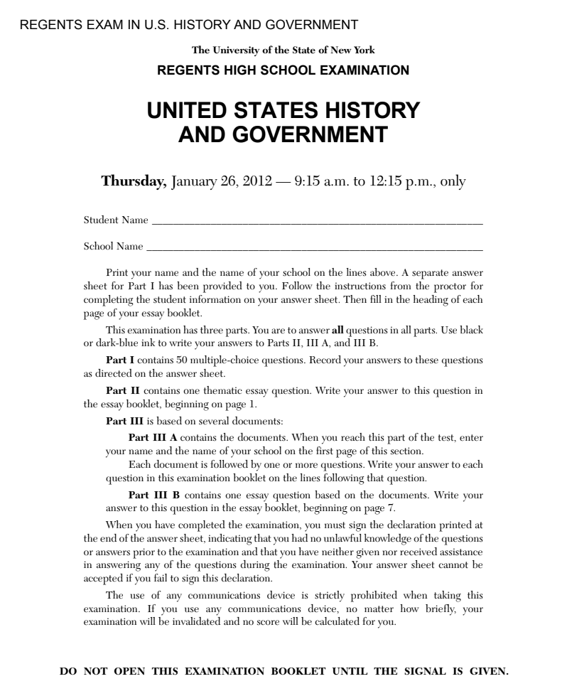 US History and Government Examination: January 2012 Assessment