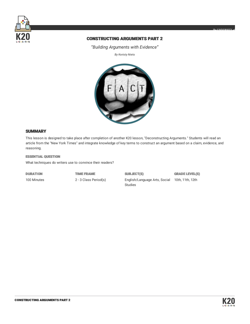 Building Arguments With Evidence Part 2: Constructing Arguments Lesson Plan