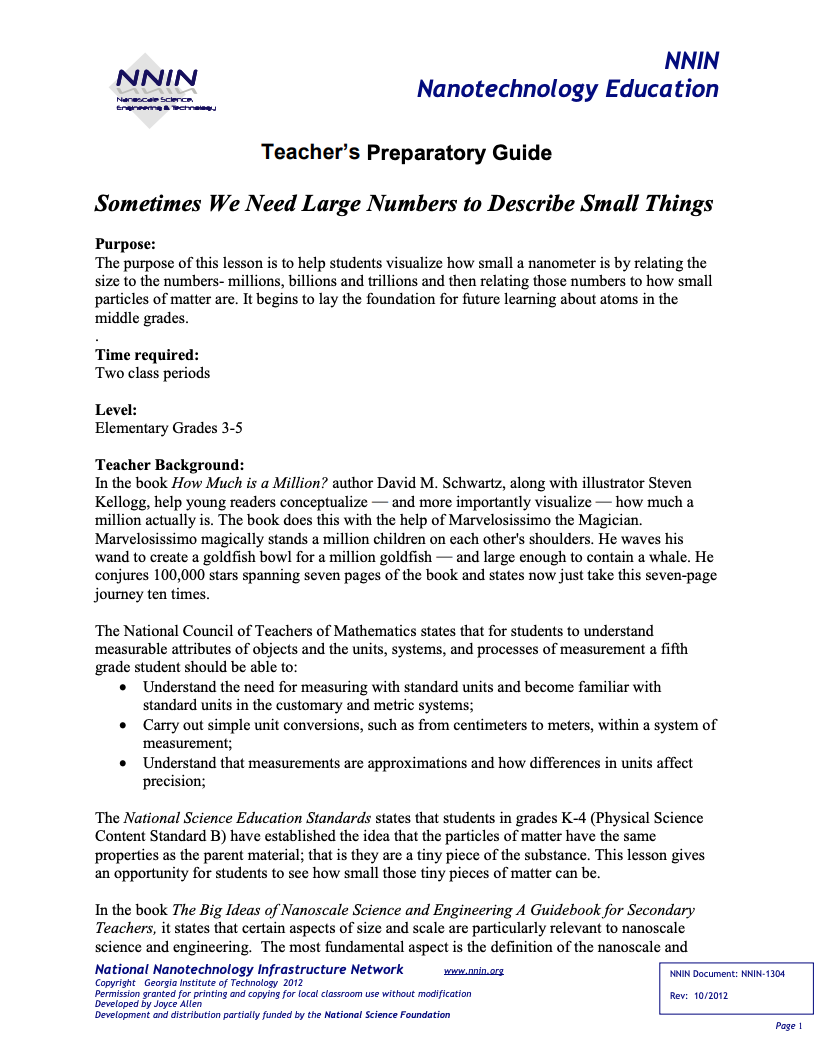 Sometimes We Need Large Numbers to Describe Small Things Lesson Plan
